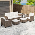 COOS BAY Harbor Retreat 6 Piece Outdoor Furniture Set, Patio Conversation Set with Patio Chairs, 3 Seat Couch, Side Table and Ottomans, Wicker Furniture, Brown/Beige