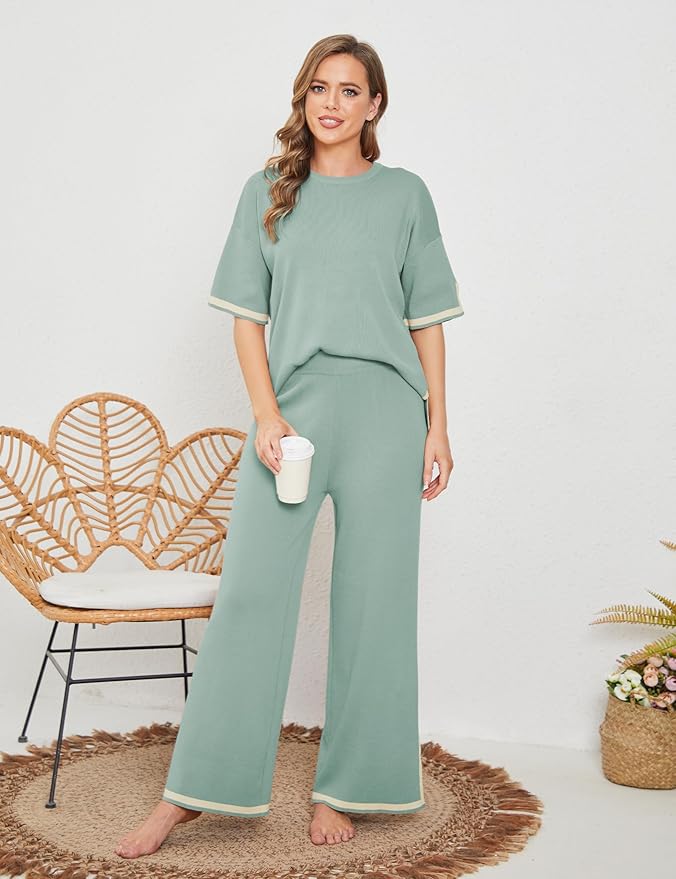 Faleave Womens Knit 2 Piece Sweater Sets Short Sleeve Pullover Tops Elastic Waist Wide Leg Pants Lounge Set