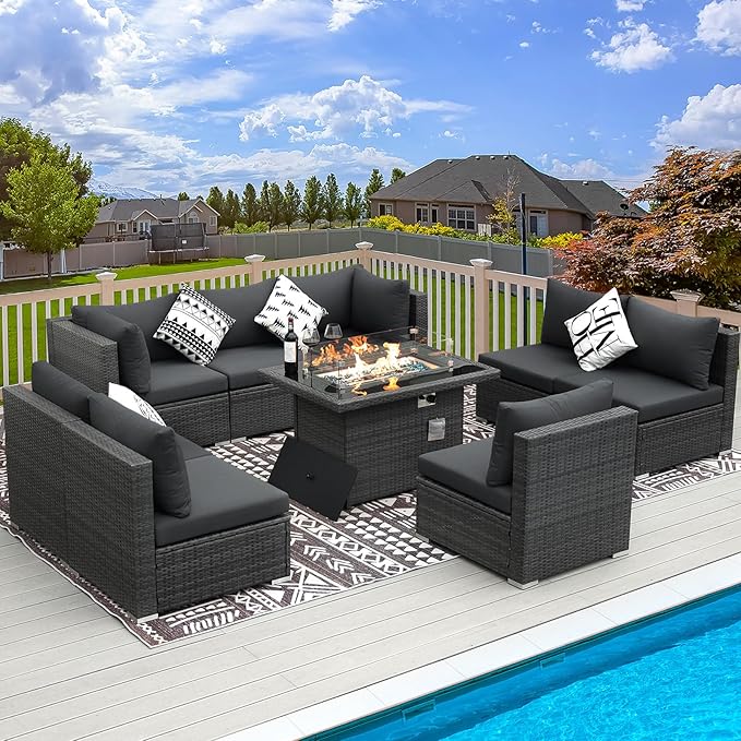 RADIATA 9 Piece Wicker Patio Furniture Set with Fire Pit, All-Weather Outdoor Sectional Couch High Back Large Size, Modular Backyard Seating Sofa Set with Propane/Natural Gas Firepit Table, Dark Grey