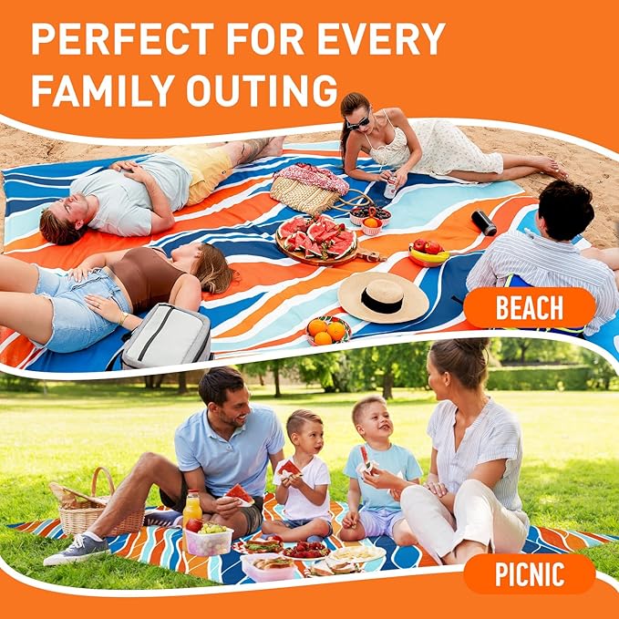 Everlasting Comfort Large Beach Blanket Waterproof & Sandproof - 80" x 80"/ 6.7ft x 6.7ft - Lightweight Picnic Mat, Camping Necessities for 4 People - Accessories for Outdoor Festivals - Orange