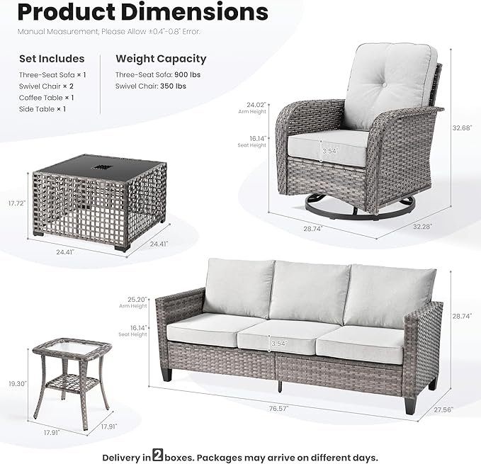 ovios 5 Pieces Patio Furniture Set, Outdoor Wicker Sofa Couch with Rocking Swivel Chairs Solar Lights Table, Modern Deep Seat Rattan Conversation Sets for Deck Porch, Grey