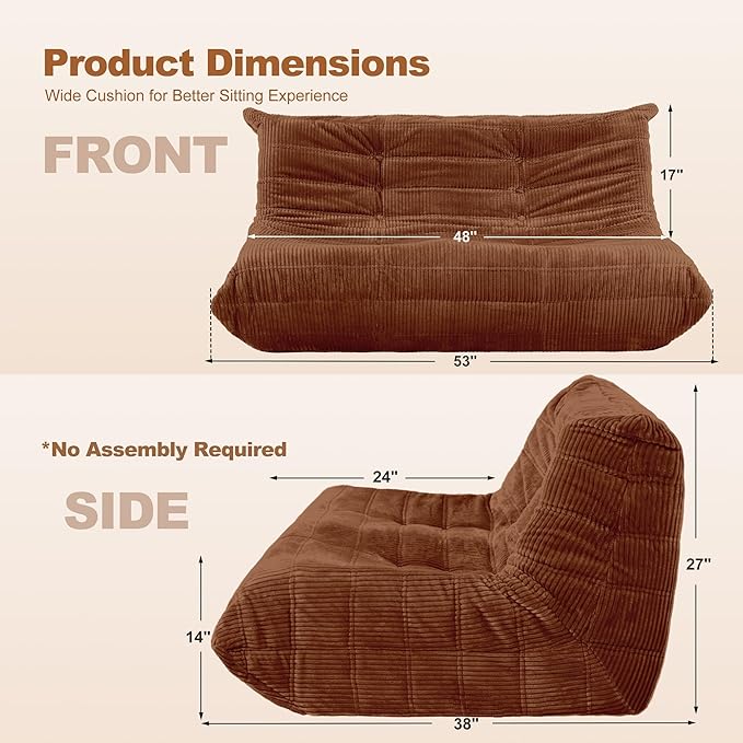 Bean Bag Chair,Giant Beanbag Chairs for Adults,Comfy Large Fireside Chair Lazy Sofa,Corduroy Bean Bag Lounger with Memory Foam Filled,Floor Sofa Couch for Home,Living Room (Brown, Loveseat)
