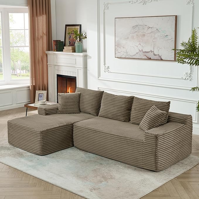 HYJT-H&K Modular Sectional Sofa Cloud Sectional Couch, 95" Comfy Fluffy L Shaped Brown Couches for Living Room, Deep Seat Memory Foam Plush Corduroy Boneless Couch Sectionals Left Facing Chaise Sofa