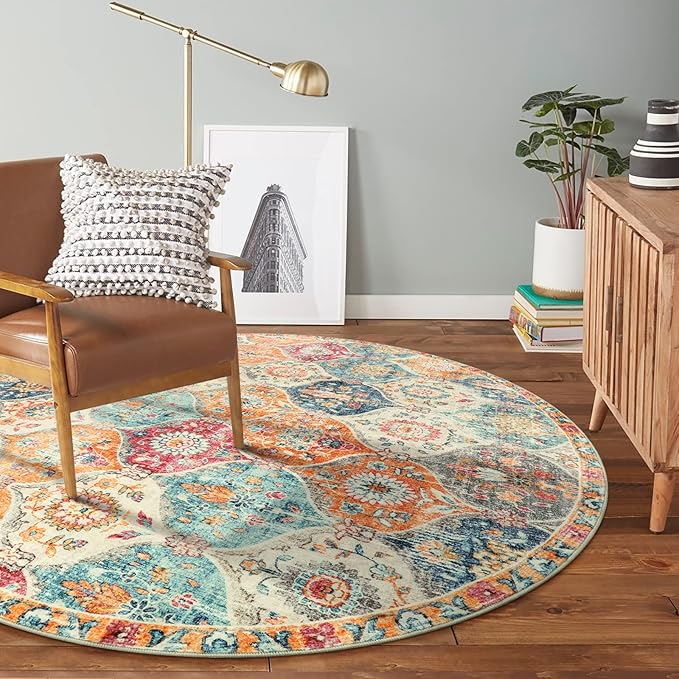 Lahome Moroccan Trellis Washable Round Area Rug, Soft Round Rugs 6ft Ultra-Thin Non-Slip, Vintage Large Circle Carpet for Bedroom Living Room Kitchen Nursery, Cream/Multi