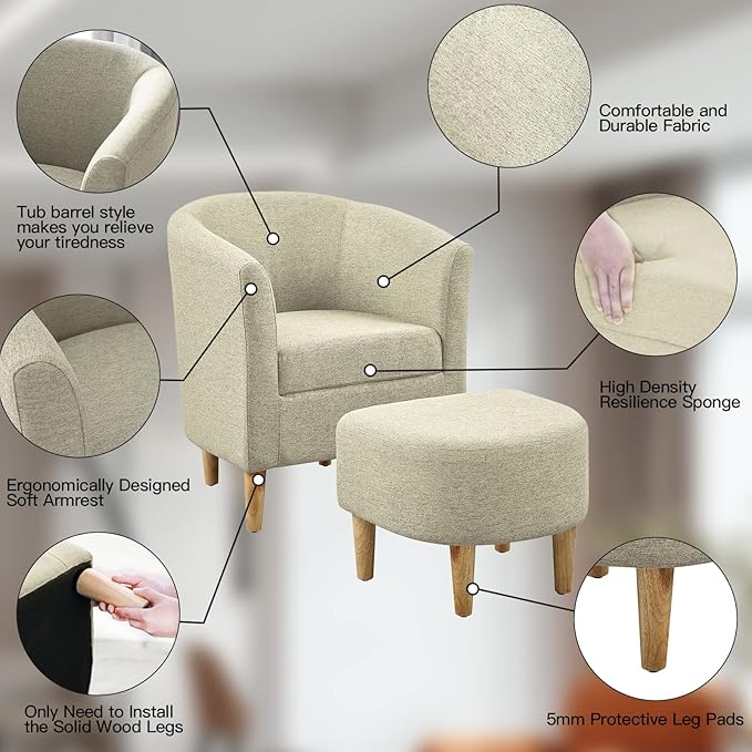 DAZONE Accent Chair, Barrel Chair with Ottoman Comfy Arm Mid Century Modern Footrest Set Comfortable Living Room Chairs Upholstered Club Tub Sofa for Bedroom Reading Beige Set of 1