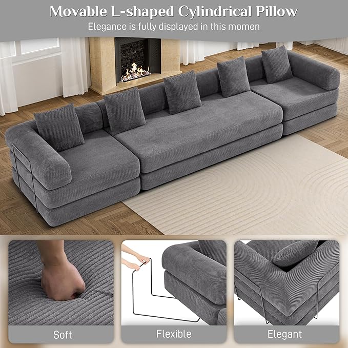 DAMAIFROM 157" Convertible Sleeper Sofa Bed Set with Pillow, 4-in-1 Corduroy Folding Mattress Boneless Couch with Fixed-Shape Frame, Fold Out Floor Sofa Cama Lounge Couch for Living Room, Grey