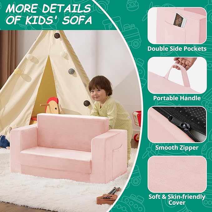 Kids Couch, 2-in-1 Toddler Chair Comfy 1-3 Years, Convertible Kids Chair, Toddler Couch That Fold Out, Kid Lounge Chairs for Boys and Girls, Soft Coral Fleece, Double, Pink