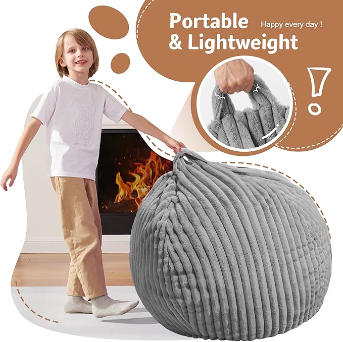 Homguava 2FT Bean Bag Chair, 2' Small Bean Bags with Memory Foam Filled, Beanbag Chairs with Machine Washable Cover Dutch Corded Plush Cover for Classroom,Living Room,Bedroom-Grey