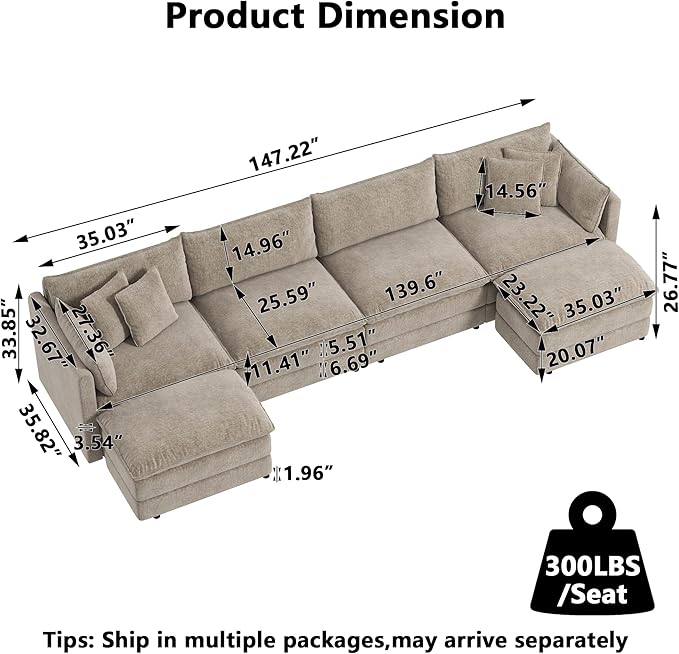 Aoowow Modular Sectional Sofa Modern Convertible U Shaped Couch,147.2 Inch Deep 4-Seater Sofas Set Comfy Chenille Cloud Sofas and Couches with Movable Ottoman for Living Room Apartment（Camel）