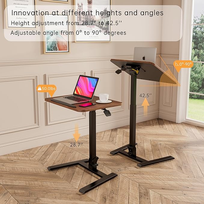Mobile Folding Desk 25 Inch - No Assembly Sit-Stand Desk,Height Adjustable Rolling Laptop Desk, Space-Saving Portable Desk with Wheels for Home Office Craft & Study, Brown