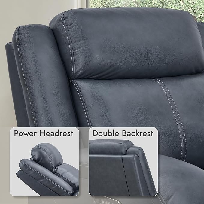 Watson & Whitely Genuine Leather Power Recliner Chairs for Adults, Wall Hugger RV Recliner with Power Headrest & Charging Ports, Electric Recliner Sofa Chair for Living Room, Navy