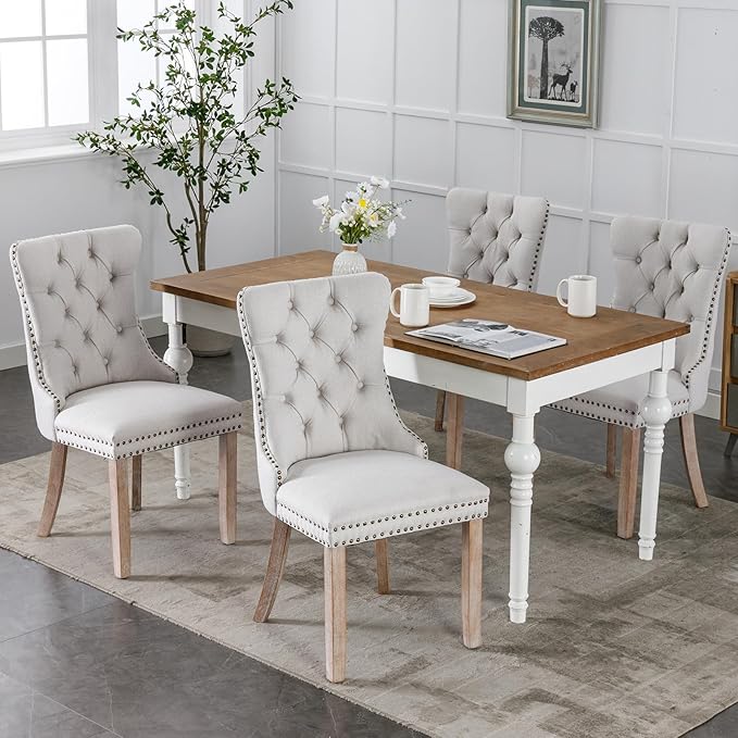 YeahFurn Beige Mid Century Modern Dining Chairs Set of 2, Linen Upholstered Kitchen & Dining Room Chairs with Nailhead Trim & Solid Wood Legs, Elegant Sillas De Comedor (Beige, 2 Pcs)