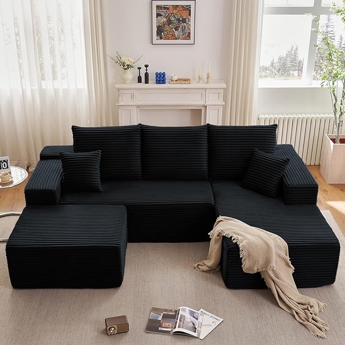 107" W Cloud Sectional Couch with Ottoman,Modern U-Shaped Cloud Couch with Deep Seat,Comfy Corduroy 3-Seater Sofa,Memory Foam Sofa for Living Room,No Assembly (Jet Black,Right-Facing Chaise)