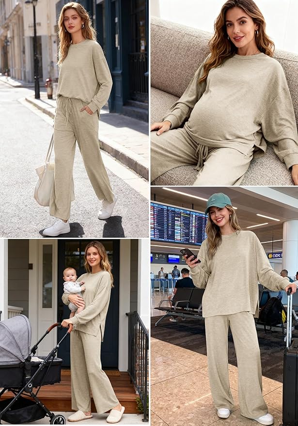 AmazingStar Womens Lounge Set 2025 Fall 2 Piece Outfits Long Sleeve Tops Wide Leg Long Pants Cozy Matching Sets Clothing