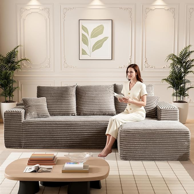 HYJT H&K Modular Sectional Sofa Cloud Couch, 107" Comfy L Shaped Sectional Couches for Living Room, Deep Seat Memory Foam Plush Fluffy Corduroy Boneless Couch Sectionals Right Facing Sofa Chaise Camel