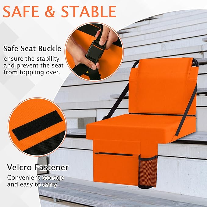 2pcs Stadium Seat for Bleachers with Back Support，Portable Bleacher Chairs with Back and Cushion，Includes Shoulder Strap and Cup Holder