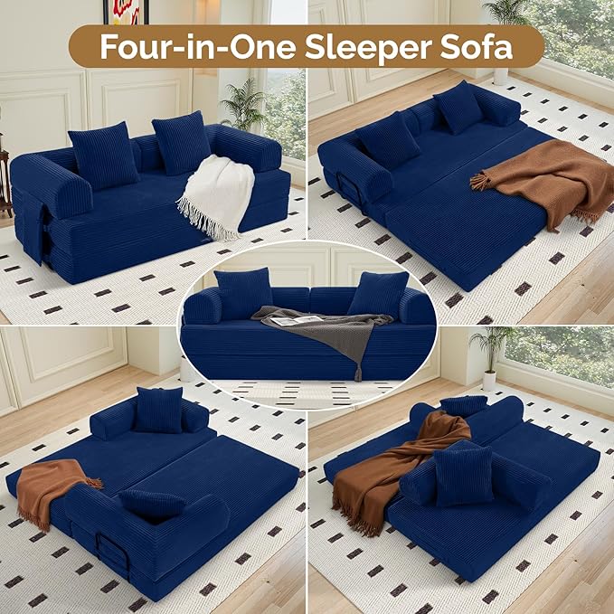 Convertible Corduroy Sleeper Sofa Bed with Cylindrical Pillow, Folding Mattress Couch with Fixed-Shape Frame, Floor Sofa Lounge Couch for Living Room Bedroom Lounge Studio, Blue