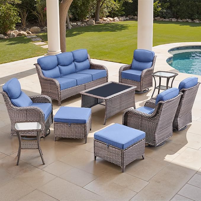 moosprr Luxury High Back Outdoor Furniture with 6-inch Extra Thick Cushions, Patio Furniture Set with Swivel Chairs, 10 PCS Wicker Conversation Set for Yard, Deck, Poolside, Brown/Blue