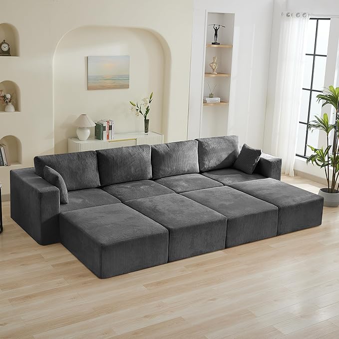 146'' Oversized Boneless Sofa Bed, 4 Seater Modular Sectional Couch with 4 Moveable Ottoman, No Asswmbly Corduroy Compression Sofas with Chaise for Home House, Grey