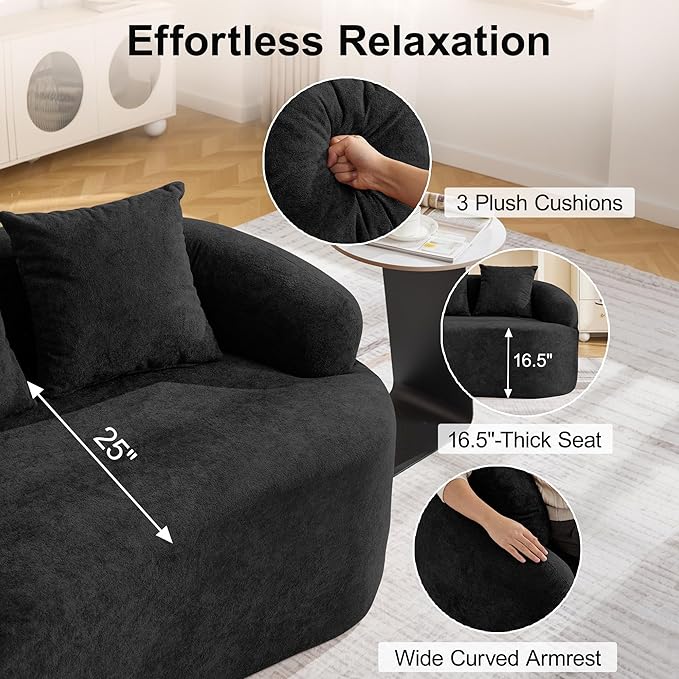 Abbrevi 65" Curved Loveseat Sofa, Deep Seat Love Seat Couches with 3 Throw Pillows, Modern 2 Seater Boneless Curved Couch, Compressed Floor Sofa for Living Room Small Spaces, No Assembly, Black