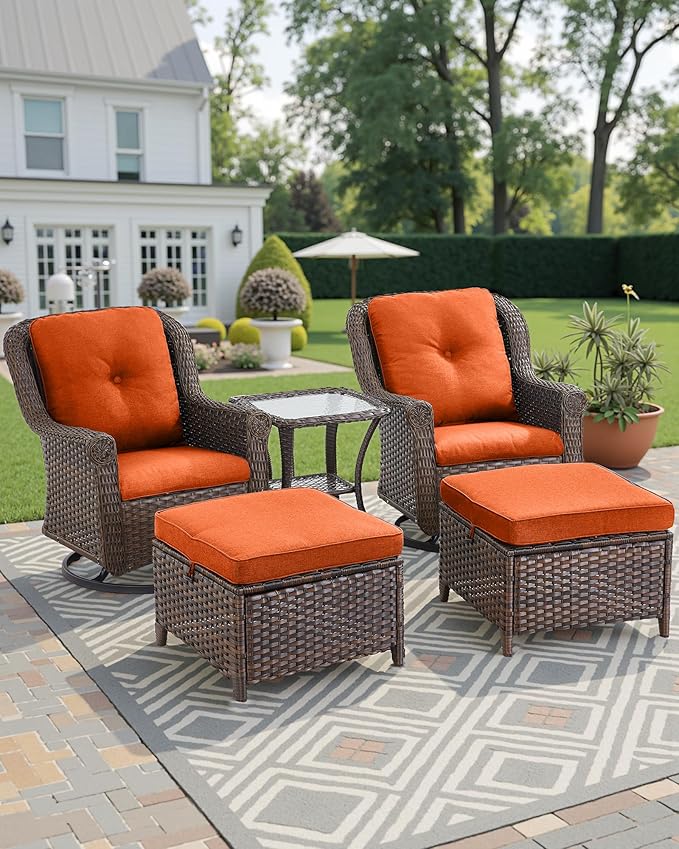 ACTREST 3 Piece Patio Swivel Chairs and Side Table Set - High Back Outdoor Brown Wicker Rattan Rocking Glider with Thick Cushions for Porch Apartment Deck Yard Poolside Garden - Orange
