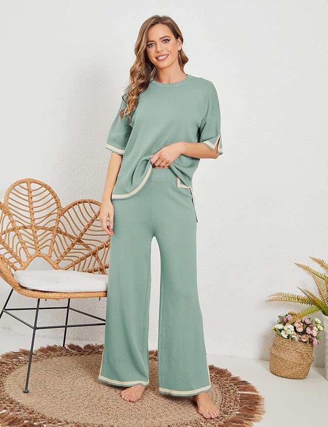 Faleave Womens Knit 2 Piece Sweater Sets Short Sleeve Pullover Tops Elastic Waist Wide Leg Pants Lounge Set