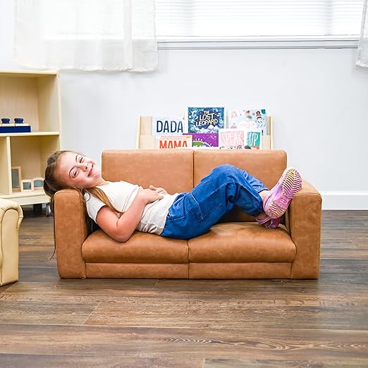 Children's Factory As We Grow Modern Kids Sofa - Flexible Classroom Seating for Elementary Education, Adjustable Educational Furniture for Daycare and Preschool, Faux Distressed Leather Brown