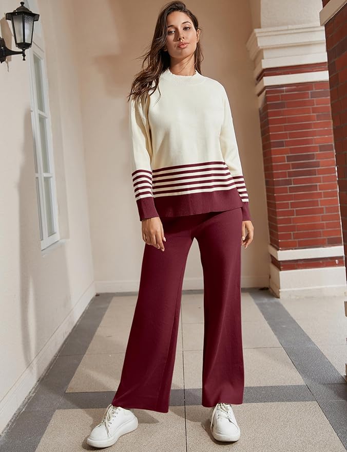 Tanming Women's Lounge Sets 2 Piece Outfits Knitted Pullover Sweater Tops Wide Leg Pants Tracksuit