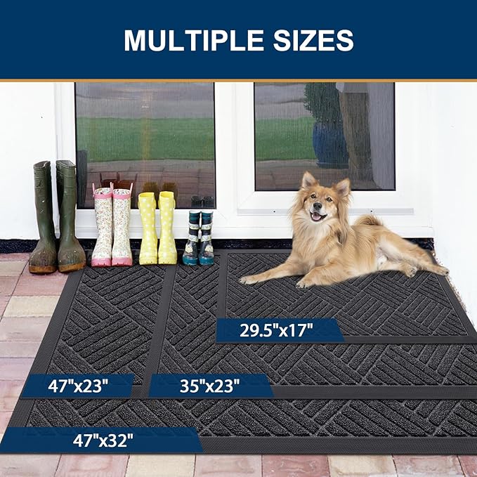 Smiry Front Door Mat Outside Entrance, Heavy Duty Outdoor Indoor Mat, Natural Rubber Doormat, Non Slip, Trap Dirt and Moisture, Easy Clean, Low Profile Patio Porch Entryway Mat, 29.5x17, Black Grey