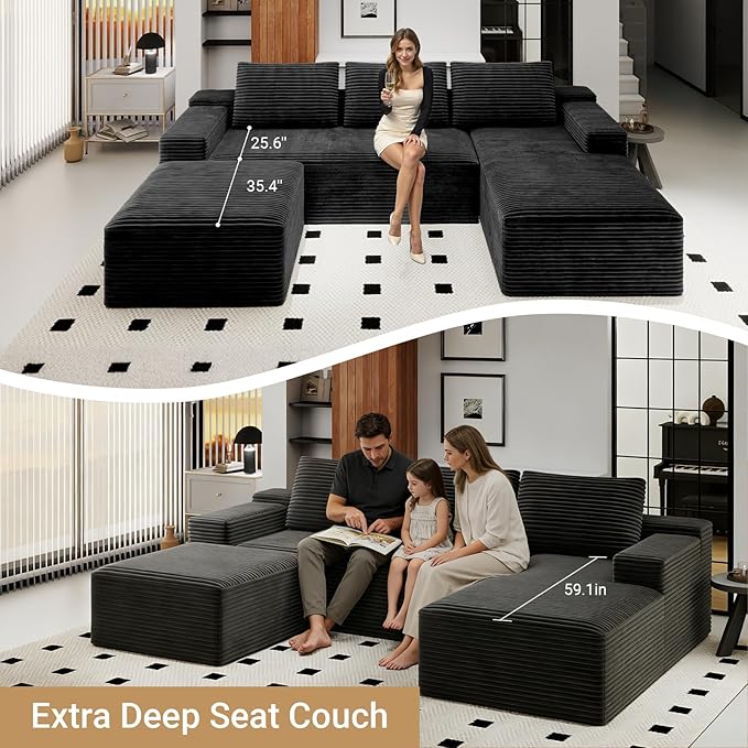 KAPEETOO U Shaped Modular Sectional Sofa with Right Chaise Ottoman, Boneless Couch with Deep Seat, Oversize 3-Seater Sofa U Shaped Set for Living Room Bedroom (Black)