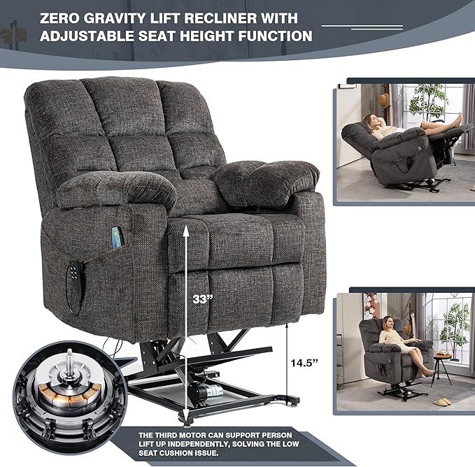 Triple Motor Zero Gravity Power Lift Recliner Chair for Elderly, Extra Wide Lay Flat Recliner with Lifts Vertically, Legs Elevated Above The Heart, Heat Massage, Arm Storage & Cup Holders