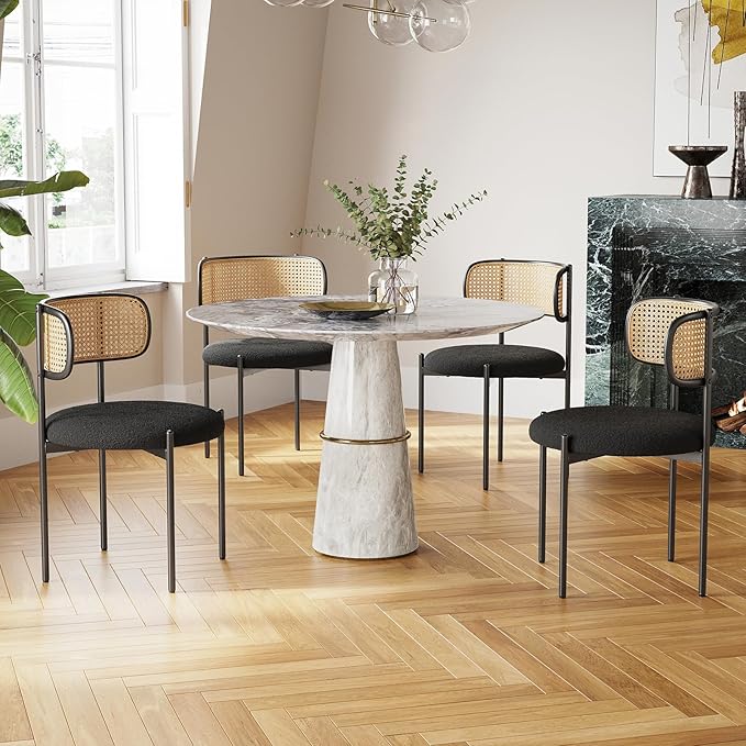 Farini Dining Chairs Set of 2,Mid-Century Modern Kitchen Chair Rattan Backrest Round Upholstered Sherpa Dining Chairs with Metal Legs,Black