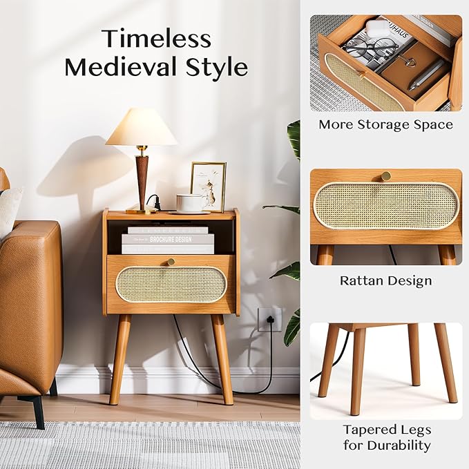 Night Stand Set 2, Mid Century Modern Nightstands Drawer, Rattan Bedside Table with Charging Station, Boho End Table with Storage, Wood Bed Side Tables for Bedroom, Small Space, Cherry