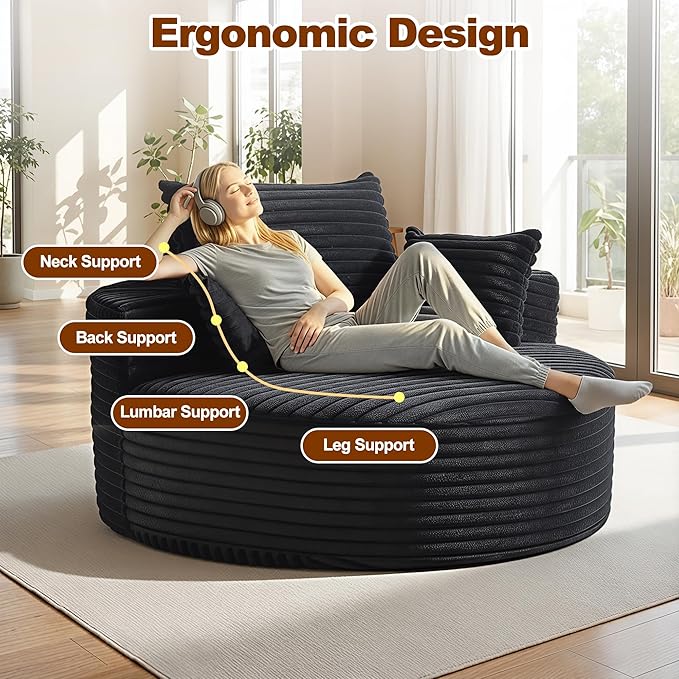 55'' Oversized Round Boneless Chaise Lounge Chair Indoor, Upholstered Corduroy Deep Seat Cloud Large Circle Sofa Couches Bed Corduroy Modern Floor No Assembly Sleeper Bed for Living Room, Bedroom