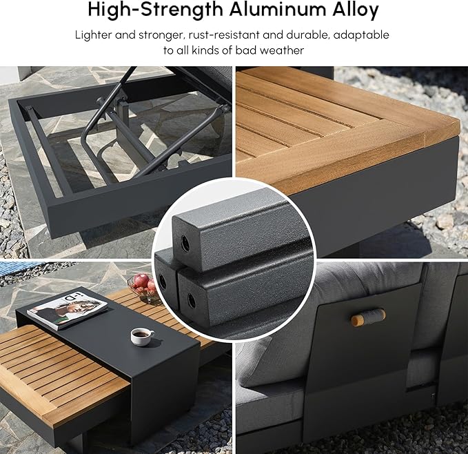 homary Outdoor Conversation Sets, 6 Piece Aluminum & Teak Patio Sectional Sofa Set with Adjustable Backrests, Waterproof Cushions, Ideal for Patios & Balconies | Waterproof Cushions, Adjustable Backrests, Fade Resistant, Modular design, Outdoor Materials