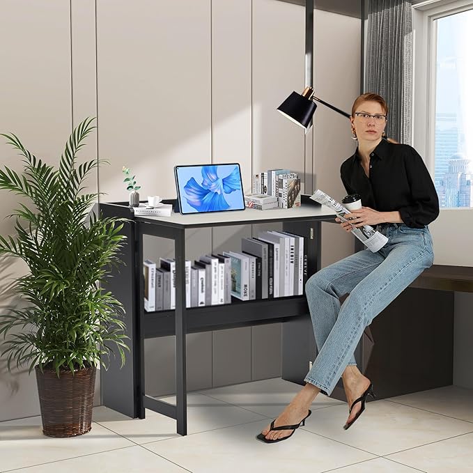 KEIKI 32.6" Folding Table with Storage Shelf, Foldable Computer Desk for Small Spaces, Space-Saving Study Table for Bedroom Home Office Dorm and Apartment, Black