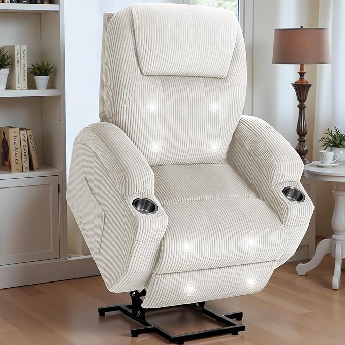 Flamaker Power Lift Recliner Chair Electric Lift Recliner for Elderly Power Lift Recliner Chair with Cup Holders Side Pockets for Living Room (Corduroy, Beige)