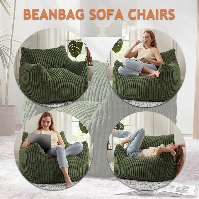 Giant Bean Bag Chairs for Adults with Filling Plush Fluffy Bean Bag Chairs for Teens with Armrests Comfy BeanBag Lazy Couch Sofa Chair for Bedroom Living Room Reading (Green, M-for Teens/Adults)