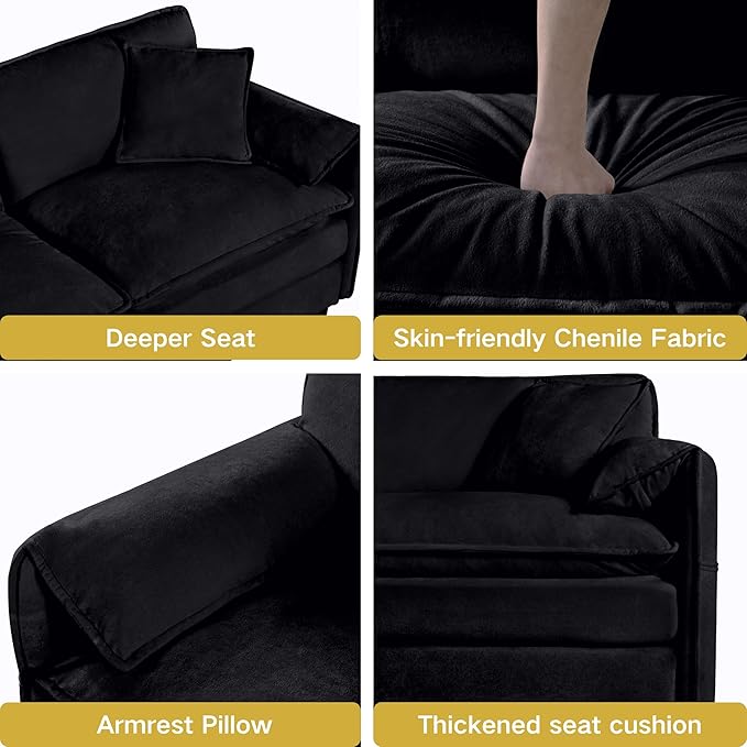 RENDGO 76" Modular Sectional Sofa, Chenille Cloud Couch for Living Room & Apartment, Deep Seat Comfort, Flexible Loveseat Combination Sofa for Home & Office,Black