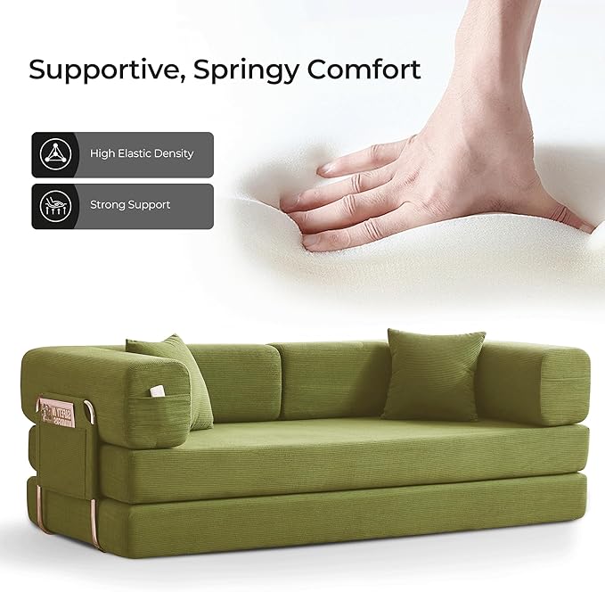 79" Convertible Sofa Bed with Pillows, Corduroy Folding Sleeper Sofa with Fixed-Shape Frame, Boneless Couch for Living Room Bedroom, Floor Sofa Lounge No Assembly Required (A - Style - Olive Green)