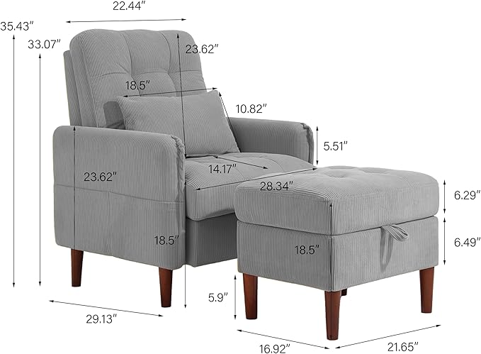 Lumibee Accent Chair with Storage Ottoman, Upholstered Comfy Reading Chair with Adjustable Reclining Backrest, Corduroy Fabric Lounge Chair Armchair for Living Room Bedroom, Set of 2, Gray