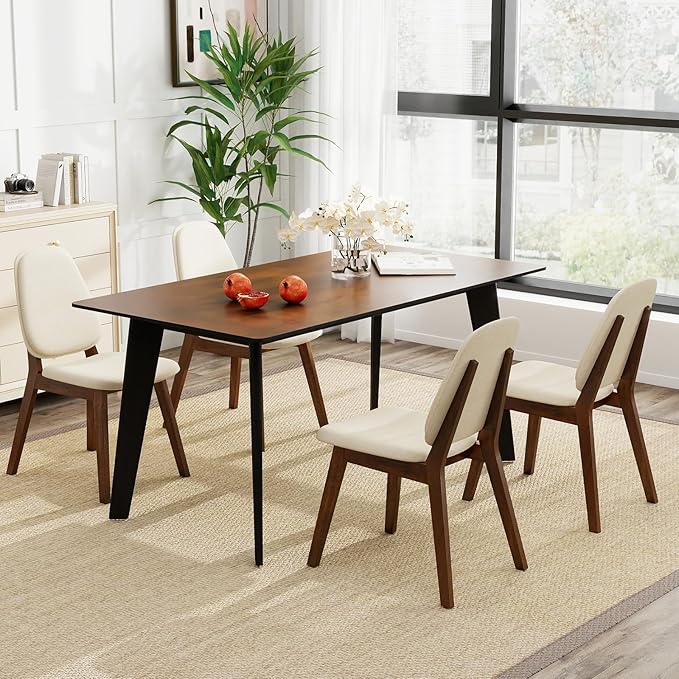 Giantex Wooden Dining Chairs Set of 2, Linen Fabric Upholstered Dining Room Chairs w/Rubber Wood Frame, Padded Seat, Curved Back, Mid-Century Modern Kitchen Side Chair for Home Living Room