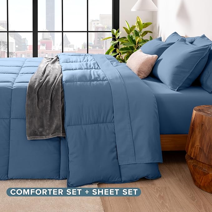 Bare Home Bed-in-A-Bag 5 Piece Comforter & Sheet Set - Twin XL - Goose Down Alternative - Ultra-Soft 1800 Premium Bed Set (Twin XL, Coronet Blue/Coronet Blue)