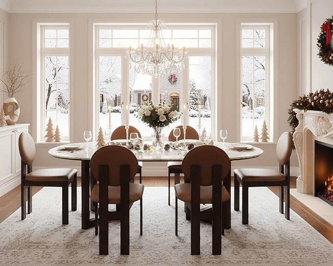Modern Wood Dining Chairs Set of 6, Farmhouse Brown Faux Leather Kitchen Chairs with Round Back & Walnut Legs, Mid-Century Armless Upholstered Accent Chairs for Dining Room/Living Room/Restaurant