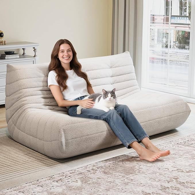 Selyteramy 3 Seat Oversized Bean Bag Chairs for Adults, Memory Foam Fireside Beanbag Couch, Comfy Bean Bag Lounger Lazy Sofa for Living Room, Bedroom, Playroom, White
