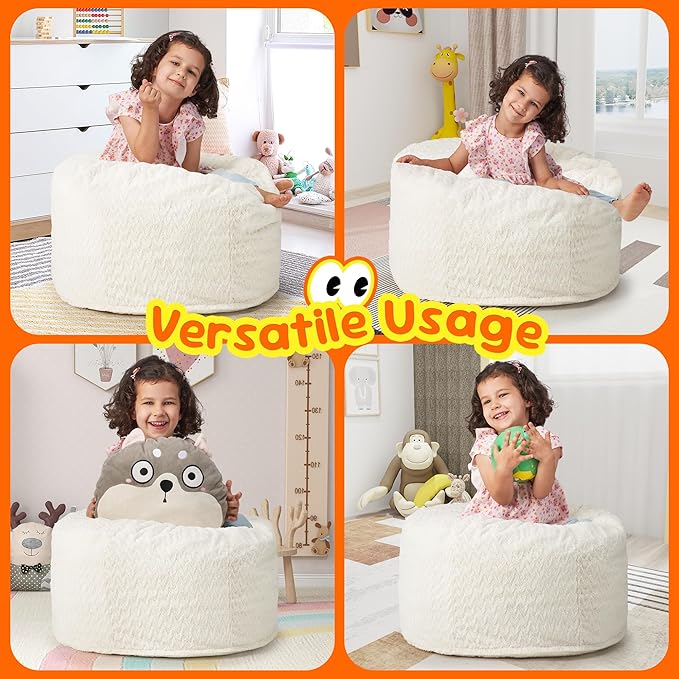 Hobestluk Bean Bag Chairs 2.5FT Bean Bag Chair with Memory Foam Filled & Chevron Plush Fur Cover Small Bean Bag Chairs for Playroom, Living Room, Bedroom (White)