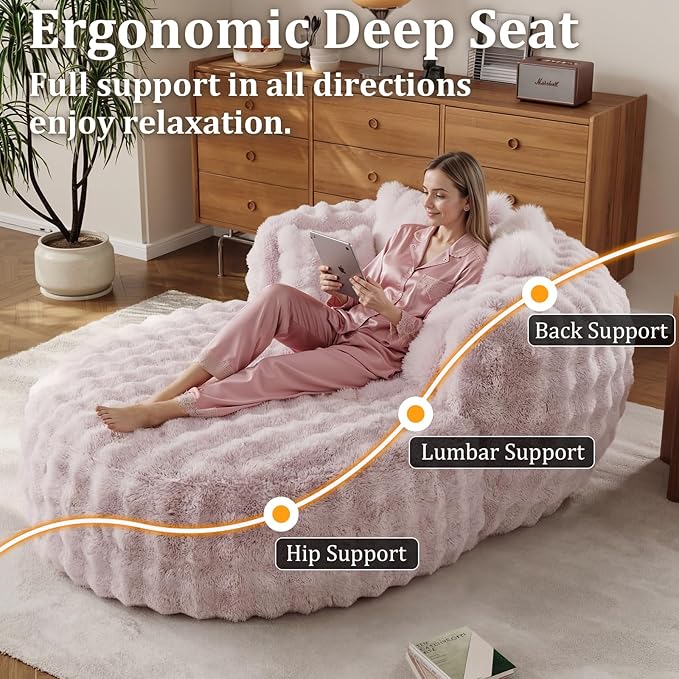 55" W Oversized Round Chaise Lounge Chair with Ottoman Indoor Boneless Faux Fur Plush Fluffy Circle Couch Soft Comfy Cozy Cloud Reading Chair with 5 Pillows for Living Room, Playroom, Bedroom - Pink