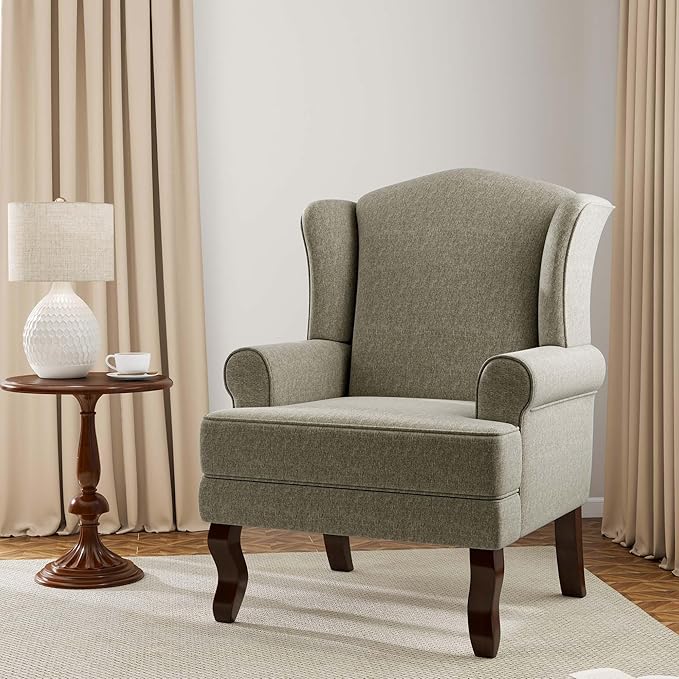 DREAMSIDEA Accent Chair, High Back Upholstered Armchair with High Resilience Sponge & Wood Legs, Mid-Century Modern Comfy Single Sofa Reading Chairs for Living Room, Bedroom (Light Camel, Set of 1)