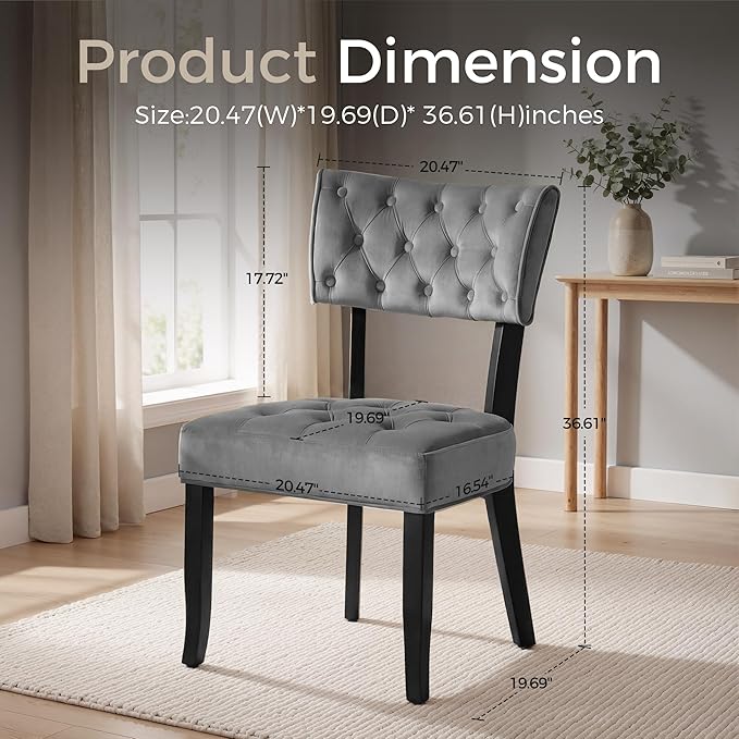 UVV Upholstered Dining Chairs Set of 2, Mid Century Modern Tufted Kitchen Chairs Dining Room Chairs, Velvet Dinner Chair with Wood Legs for Dining Room Kitchen, Dark Grey-Black Legs
