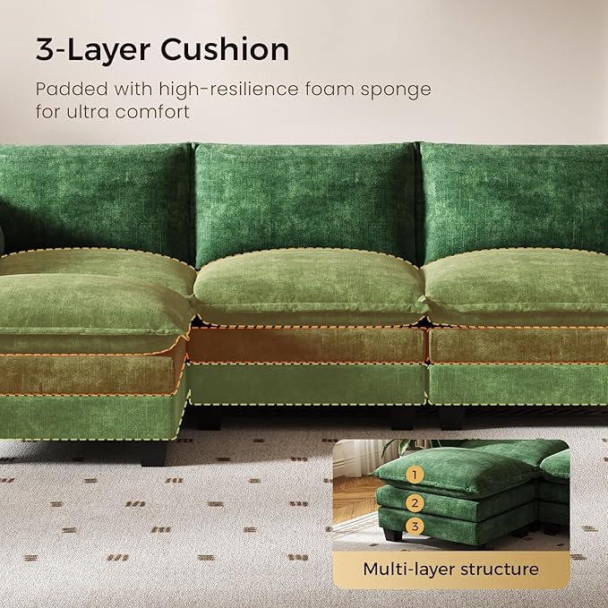 KKL Modular Sectional Sofa, J-Shaped 5 Seater Convertible L-Shaped Cloud Couch with Ottoman, Chenille Modern Sectional Couches for Living Room, Apartment Green